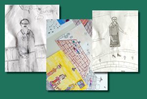 Alcuni ritratti di LuciaSchiavinato realizzati dai bambini delle scuole di San Donà: sono le basi delle illustrazioni del libro “Lucia Schiavinato: le mani della speranza
